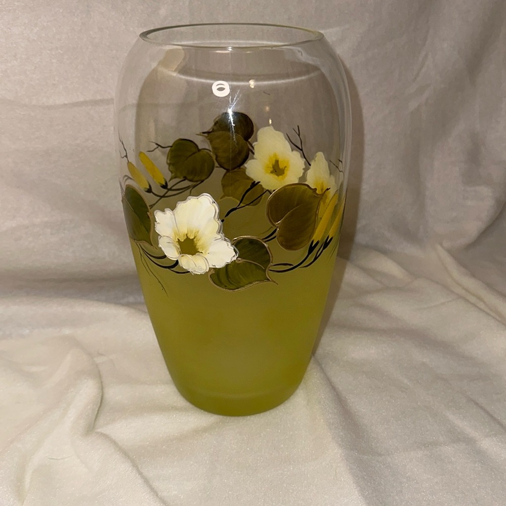 Vase. Hand painted floral design. Frosted green with white and gold flowers.